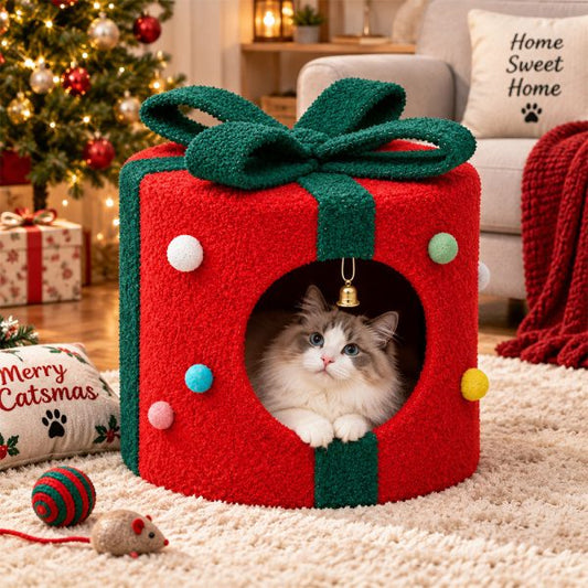 Christmas Noble Pet - Gift Box Cat Cave Bed with Bow & Bell – 40 cm