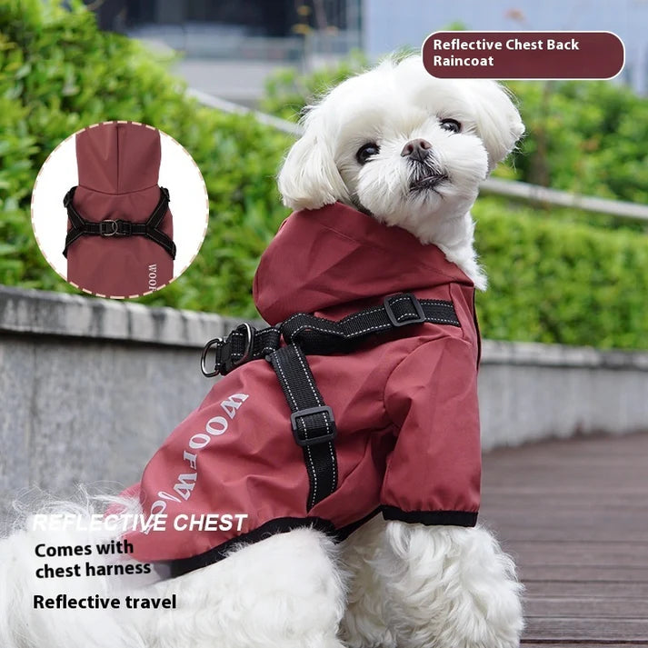 Raincoat - "WoofWoof" Dog with Integrated Harness (Red & Grey)