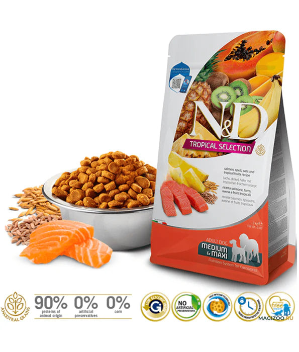 Farmina - dog N&D Tropical Selection, Dry Dog Food - Salmon & Tropical Fruits Adult Medium & Maxi 10kg