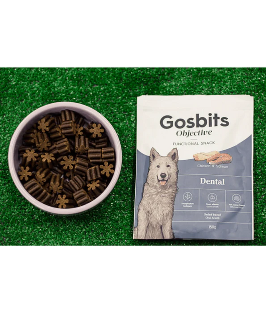 Gosbi - dog Gosbits Objective, Chicken & Salmon Adult Treats – Dental, Reduce Bad Breath and Plaque Formation, All Natural 150g