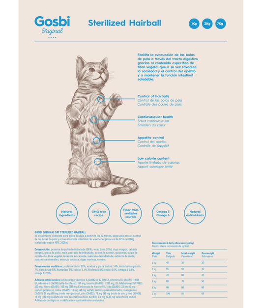 Gosbi - cat Original, Chicken and Rice Adult Dry Food – Sterilized, Hairball Control 1kg-3kg-7kg