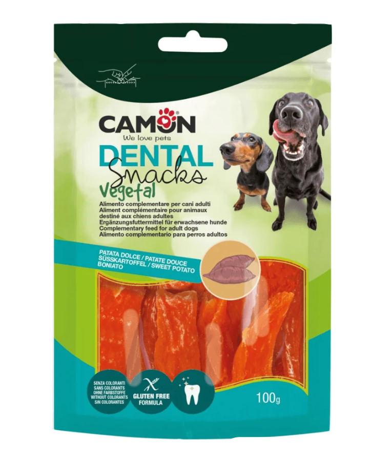 Camon - Dental Snacks Vegetal Sweet Potato Strips, Gluten-Free, Chewy Reward Treat for Adult Dogs - 100g