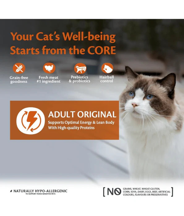 Wellness Core Dry Cat Food - Grain-Free Adult Original – High-Protein Chicken & Turkey , Hairball Control & Lean Body Support 1.75kg