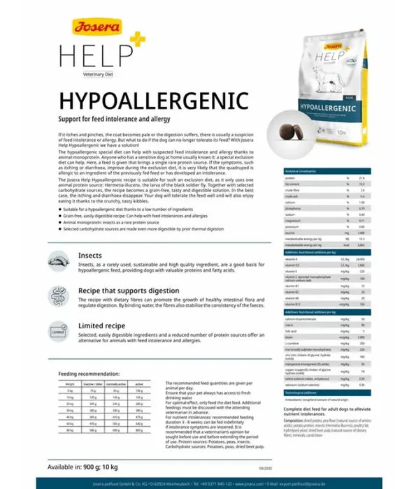 Josera - dog Help Hypoallegenic Dry Food – Grain-Free Single Insect Protein for Sensitive, Allergy-Prone Adults – 10kg