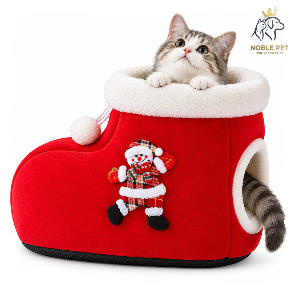 Christmas Noble Pet - Santa Boot Cat Cave Bed with Plush Trim – 50 cm