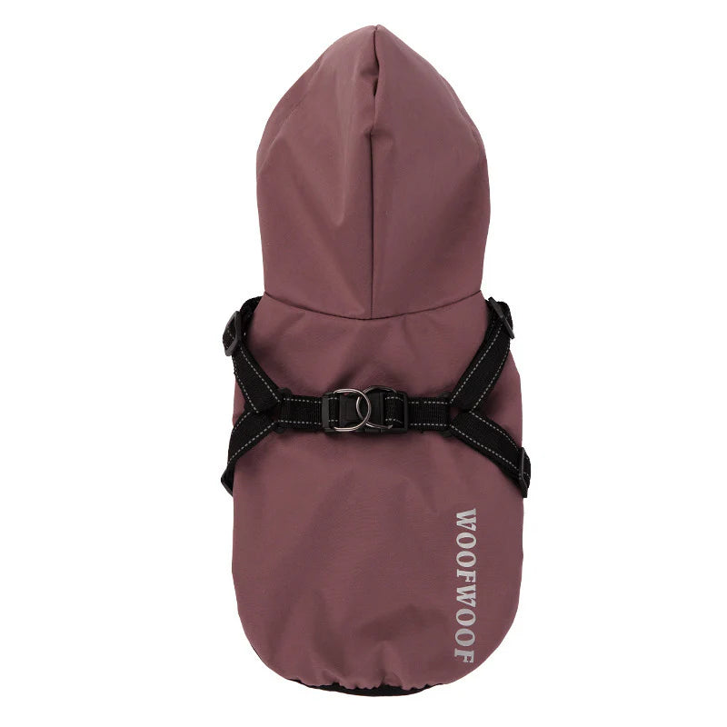 Raincoat - "WoofWoof" Dog with Integrated Harness (Red & Grey)