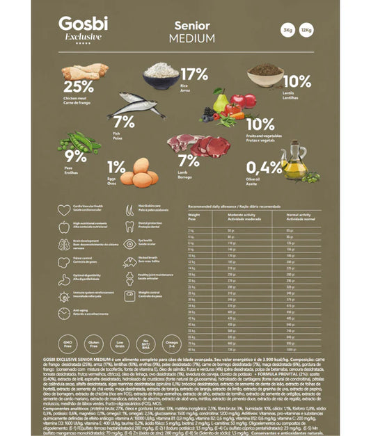 Gosbi - dog Exclusive, Hypoallergenic Chicken Senior Dry Food For Medium and Large Breeds 3kg, 12kg
