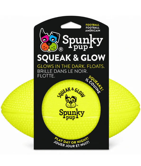 Spunky Pup - Squeak & Glow Football, Glow-in-the-Dark Floating Dog Fetch Toy, Squeaky Textured Football