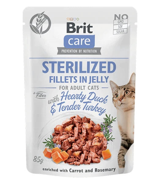 Brit Care - Hearty Duck & Tender Turkey Fillets in Jelly, Sterilised, Adult Wet Cat Food - 85g