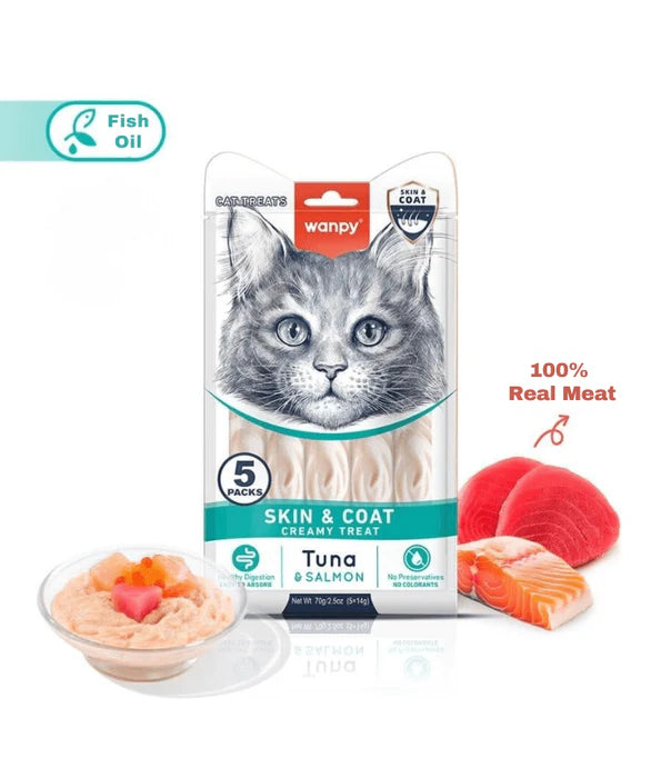 Wanpy - cat Tuna & Salmon Creamy Lickable Treat, Skin & Coat , Adult Cat - 70 g