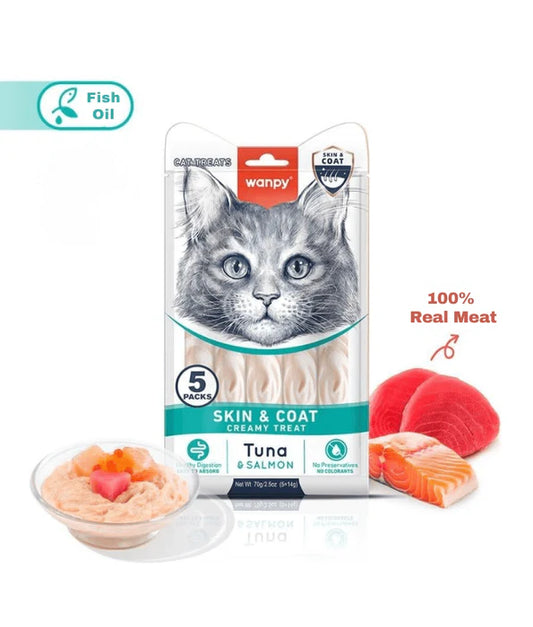 Wanpy - cat Tuna & Salmon Creamy Lickable Treat, Skin & Coat , Adult Cat - 70 g