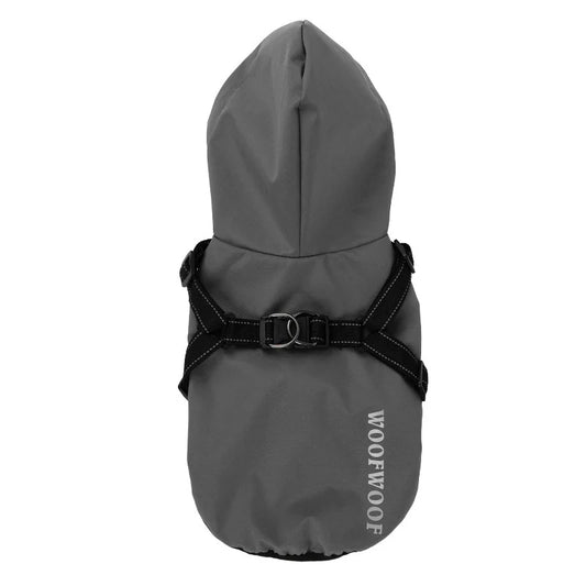 Raincoat - "WoofWoof" Dog with Integrated Harness (Red & Grey)