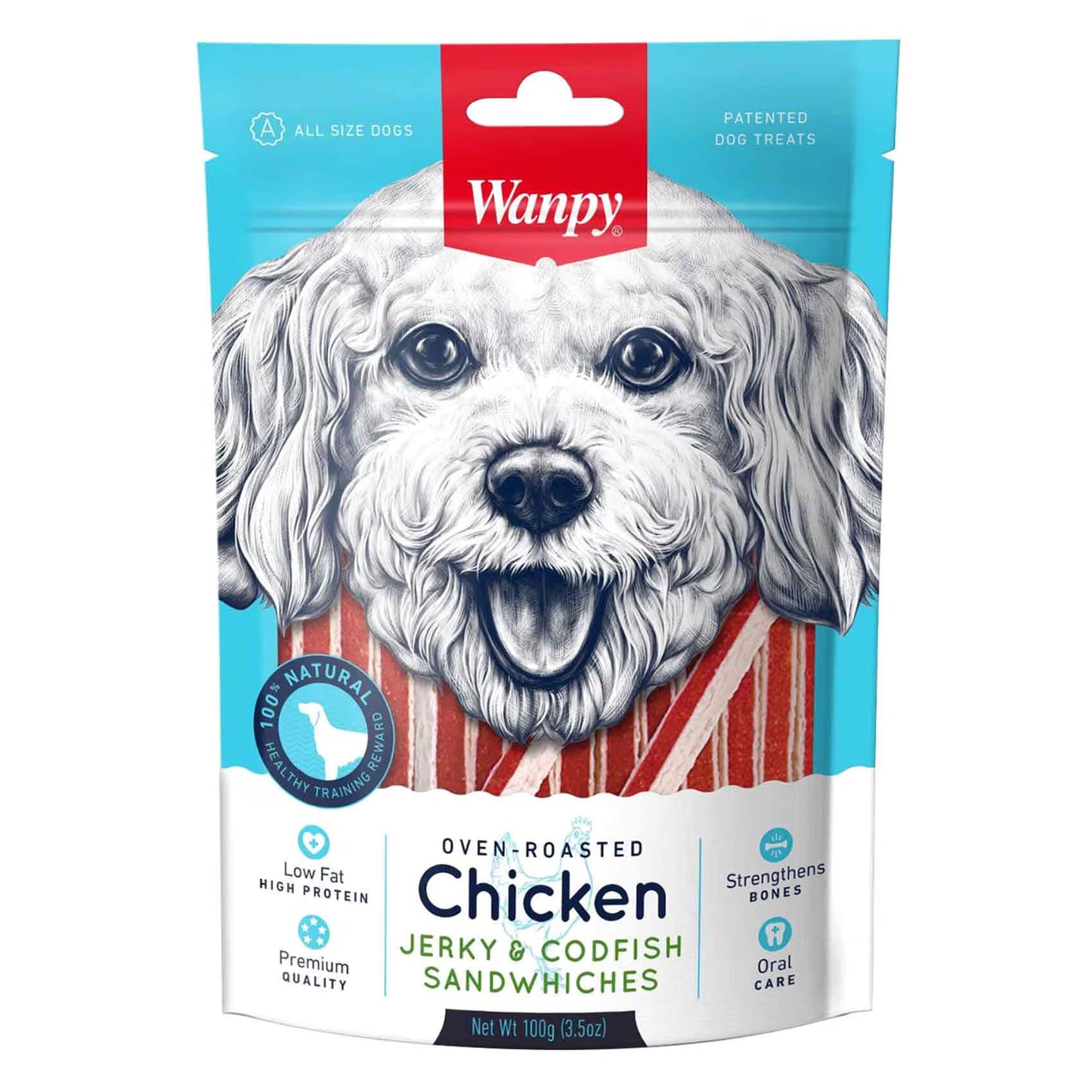 Wanpy - dog Chicken Jerky & Codfish Sandwiches 100 g