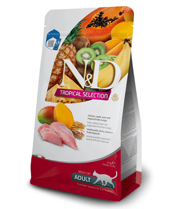 Farmina - cat N&D Tropical Selection, Adult Dry Cat Food - Chicken, Spelt, Oats & Tropical Fruits Adult Sterilized Cat