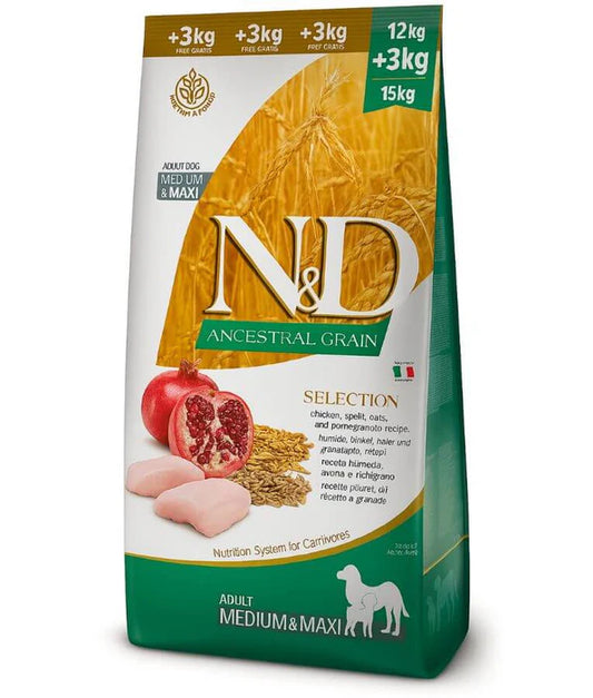 Farmina - dog N&D Ancestral Grain, Adult Dry Dog Food, Chicken, Spelt, Oats & Pomegranate, For Medium & Maxi Breeds - 12+3kg Free