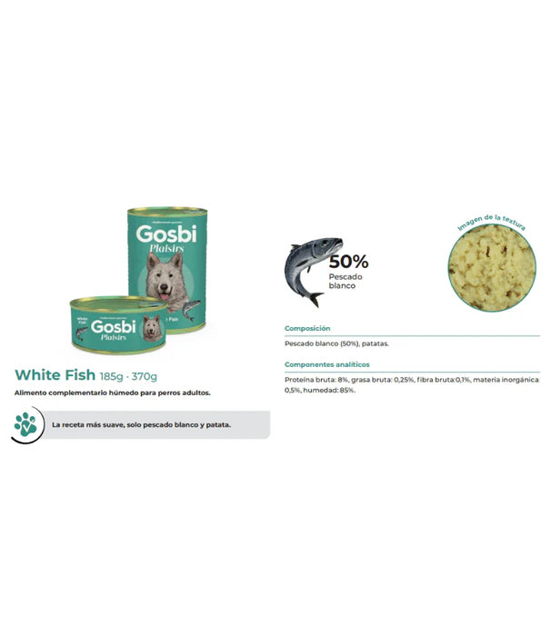 Gosbi - dog Plaisirs, Grain-Free White Fish Adult Complementary Wet Food – Low Calories, All-Natural 185g-370g