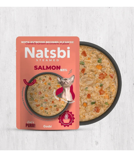 Gosbi - cat Natsbi Steamed, Salmon in Broth Fresh Food - Grain-Free, Complete Meal for All Life Stages - 80g