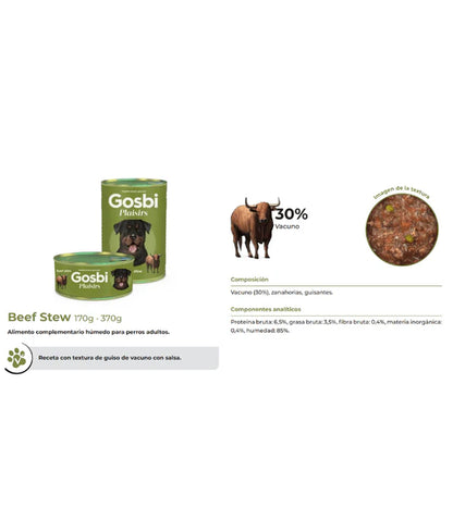 Gosbi - dog Plaisirs, Grain Free Beef Stew Adult Complementary Wet Food – Hypoallergenic, Monoprotein, Weight Control 185g-400g