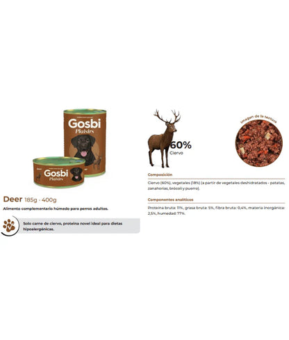Gosbi - dog Plaisirs, Grain-Free Deer Complementary Wet Food – Hypoallergenic, Monoprotein, All-Natural For Puppies & Adult Dogs185g
