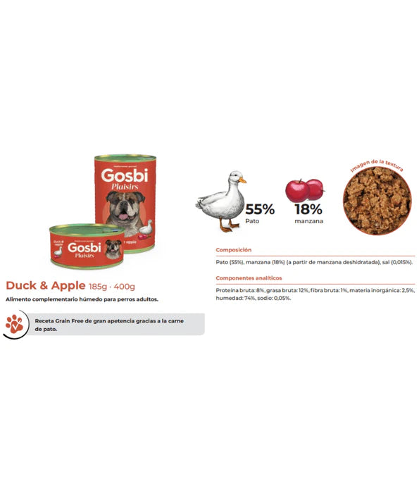 Gosbi - dog Plaisirs, Grain-Free Duck & Apple Adult Complementary Wet Food – High EnergyContent, All-Natural For Active Dogs 185g-400g