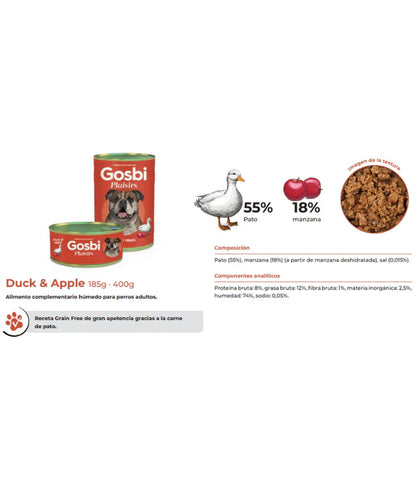Gosbi - dog Plaisirs, Grain-Free Duck & Apple Adult Complementary Wet Food – High EnergyContent, All-Natural For Active Dogs 185g-400g