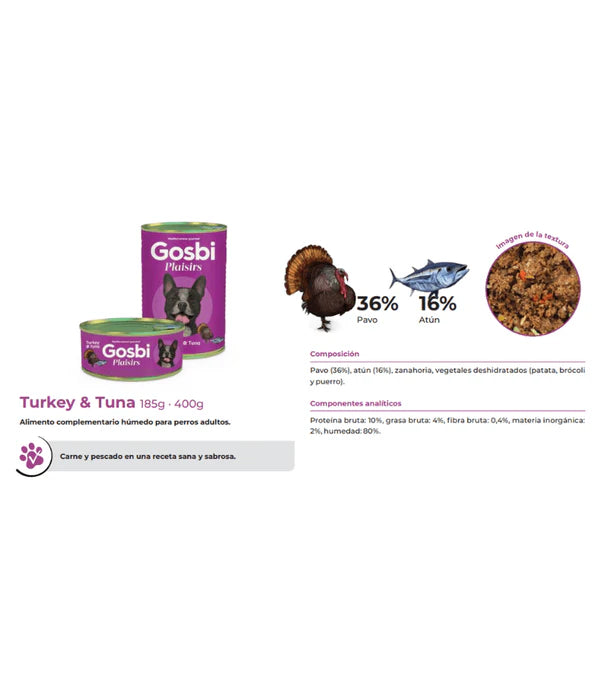 Gosbi - dog Plaisirs, Grain-Free Turkey & Tuna Adult Complementary Wet Food – Weight Control 185g-400g