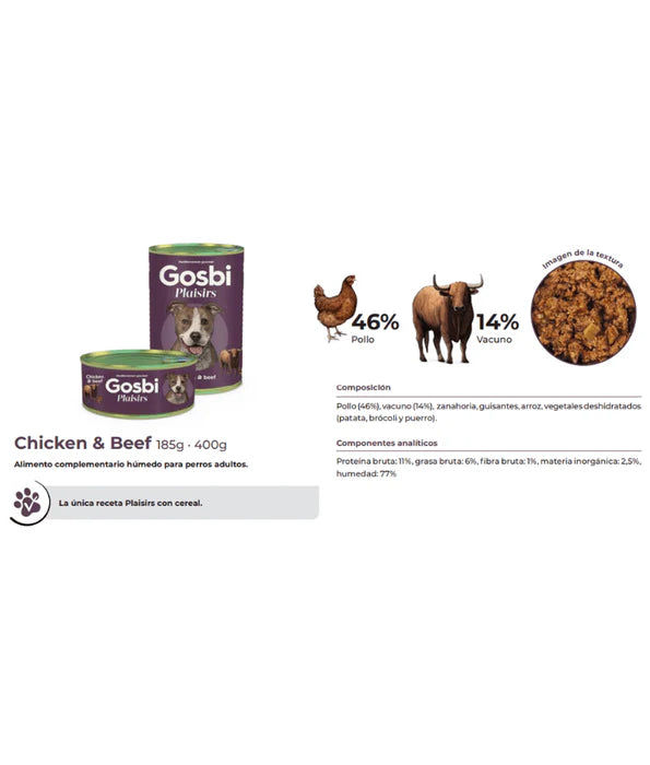 Gosbi - dog Plaisirs, Grain-Free Chicken & Beef Adult Complementary Wet Food 185g