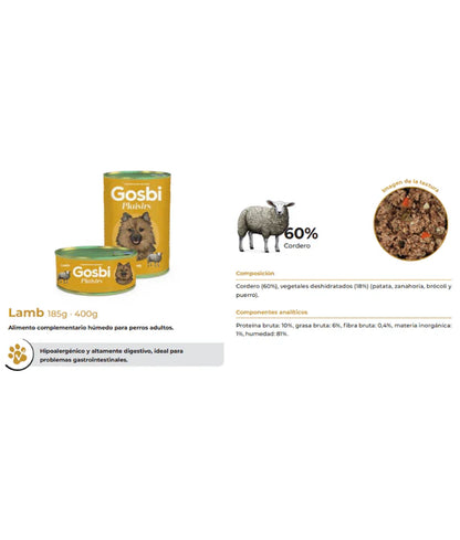 Gosbi - dog Plaisirs, Grain-Free Lamb Adult Complementary Wet Food – Monoprotien Hypoallergenic For Sensitive Digestion 185g-400g