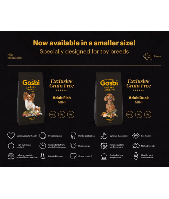 Gosbi - dog Exclusive Grain Free, Hypoallergenic, Duck Adult Dry Food For Small and Mini Breeds - 2kg