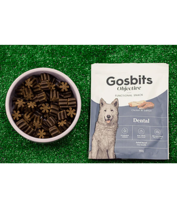 Gosbi - dog Gosbits Objective, Chicken & Salmon Adult Treats – Dental, Reduce Bad Breath and Plaque Formation, All Natural 150g