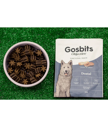 Gosbi - dog Gosbits Objective, Chicken & Salmon Adult Treats – Dental, Reduce Bad Breath and Plaque Formation, All Natural 150g