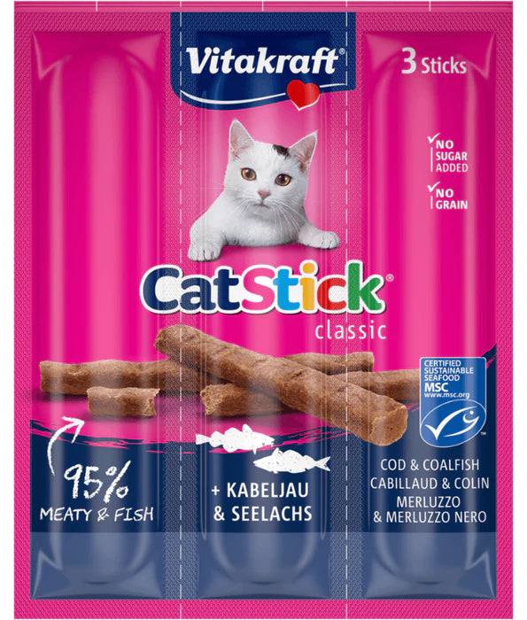 Vitakraft - Cat Stick, 3 Classic Soft Sticks With Cod and Pollock (Fish) - 18g