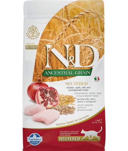 Farmina - cat N&D Ancestral Grain, Chicken and Pomegranate Adult Dry Cat Food for Sterilised Cats 1.5kg