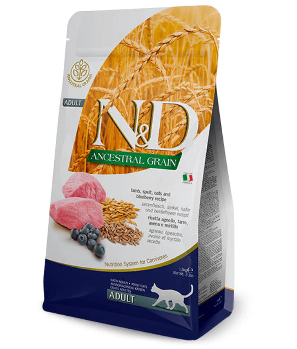 Farmina - cat N&D Ancestral Grain, Lamb and Blueberry Adult Cat Dry Food 1.5kg