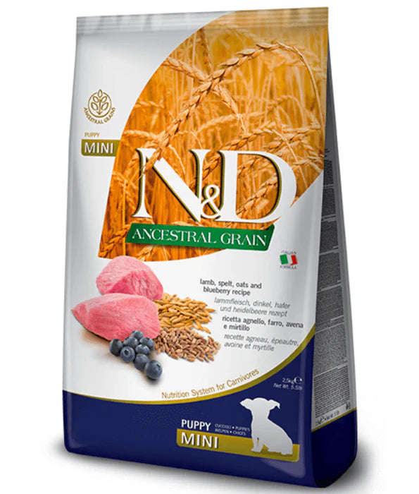 Farmina - dog N&D Ancestral Grain, Lamb & Blueberry Puppy Dry Dog Food For Mini and Small Breeds 2.5kg