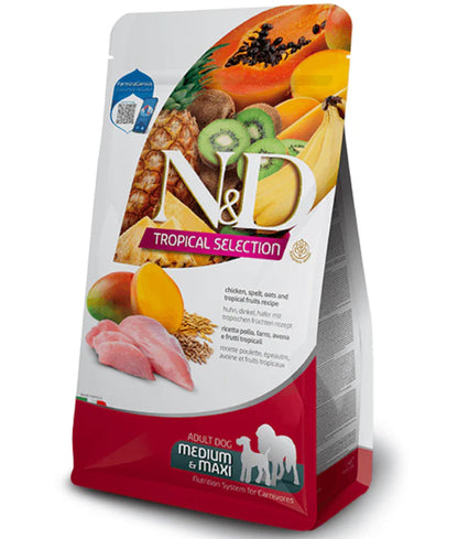 Farmina - dog N&D Tropical Selection, Chicken and Tropical Fruits Adult Dry Dog Food For Medium & Maxi Breeds 10kg