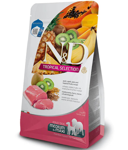 Farmina - dog N&D Tropical Selection, Pork and Tropical Fruits Adult Dry Dog Food For Medium & Maxi Breeds 10kg