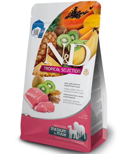 Farmina - dog N&D Tropical Selection, Pork and Tropical Fruits Adult Dry Dog Food For Medium & Maxi Breeds 10kg