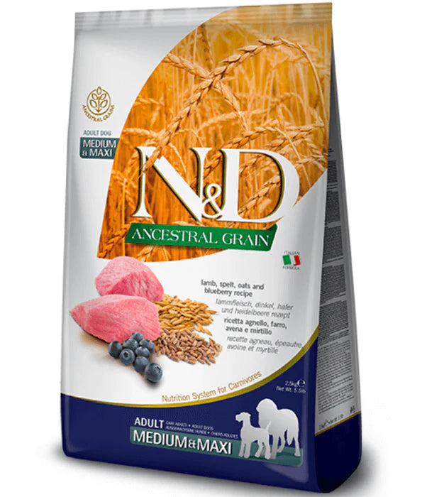Farmina - dog N&D Ancestral Grain, Lamb and Blueberries Adult Dry Dog Food For Medium & Maxi Breeds 12kg