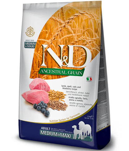 Farmina - dog N&D Ancestral Grain, Lamb and Blueberries Adult Dry Dog Food For Medium & Maxi Breeds 12kg