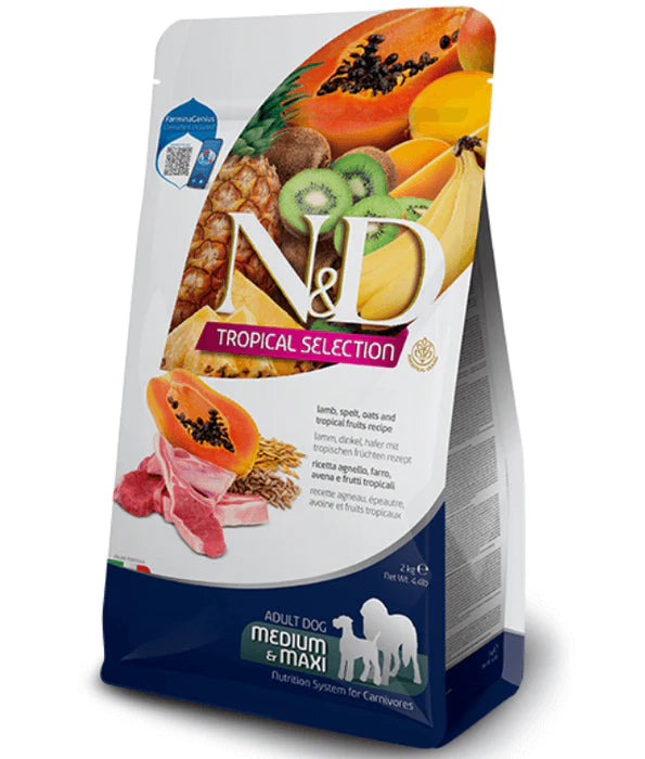 Farmina - dog N&D Tropical Selection, Lamb and Tropical Fruits Adult Dry Dog Food For Medium & Maxi Breeds