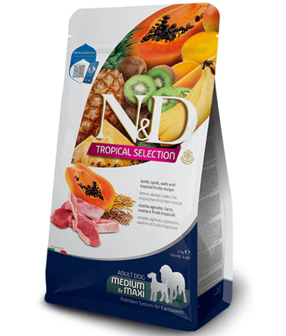 Farmina - dog N&D Tropical Selection, Lamb and Tropical Fruits Adult Dry Dog Food For Medium & Maxi Breeds