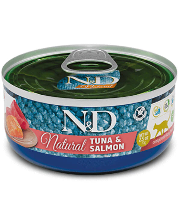 Farmina - cat N&D Natural, Tuna and Salmon Grain Free Adult Wet Cat Food Shredded in Broth 70g