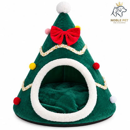 Christmas Noble Pet - Christmas Tree Cat Cave Bed with Bow & Pom-Poms – 60 cm