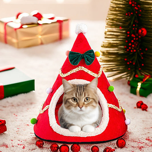 Christmas Noble Pet - Christmas Tree Cat Cave Bed with Bow & Pom-Poms – 60 cm