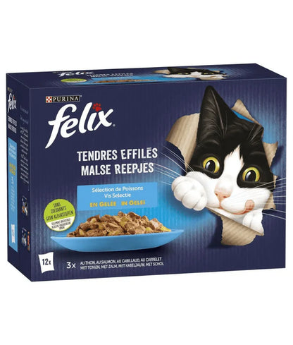 Purina Felix – cat Tender Shredded Wet Food in Jelly – Tuna, Salmon, Cod & Plaice, Adult 12x85g