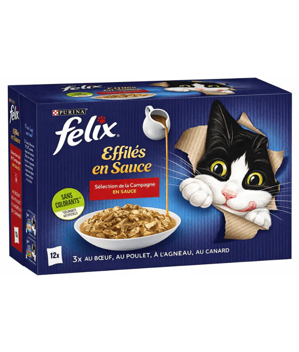 Purina Felix - cat Tendres Effilés en Sauce Adult Wet Food – Beef, Chicken, Lamb & Duck, Adult 12x85g