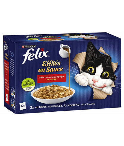 Purina Felix - cat Tendres Effilés en Sauce Adult Wet Food – Beef, Chicken, Lamb & Duck, Adult 12x85g