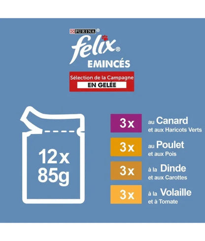 Purina Felix - cat Emincés Original in Jelly Adult Wet Food – Poultry & Tomato, Duck & Green Beans, Chicken & Peas, Turkey & Carrots – 12x85g