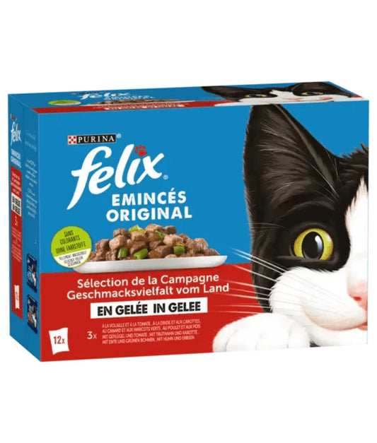 Purina Felix - cat Emincés Original in Jelly Adult Wet Food – Poultry & Tomato, Duck & Green Beans, Chicken & Peas, Turkey & Carrots – 12x85g
